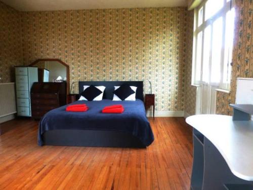 a bedroom with a blue bed with two red pillows at Chez Dan et Véro - Chambre d'hôte in Moissac