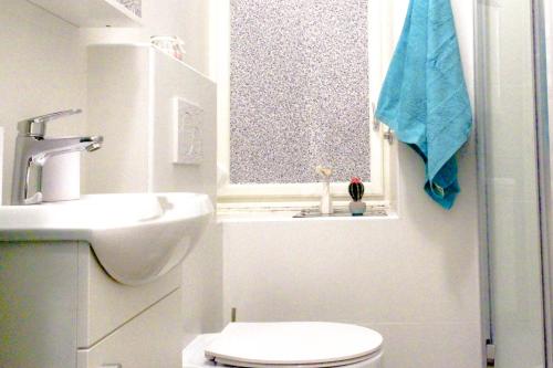 ein Bad mit einem WC, einem Waschbecken und einem Fenster in der Unterkunft Fluminis rooms in Rijeka