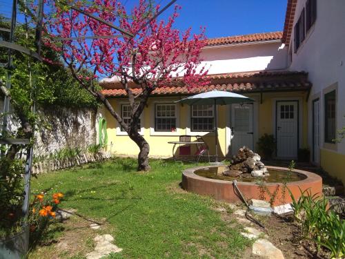 a house with a tree and an umbrella in the yard at Casa Dos Arrabidos in Torres Novas