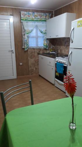 a kitchen with a green table with a vase with a flower in it at La Posada de Pinky Hotel in Puerto Santa Cruz