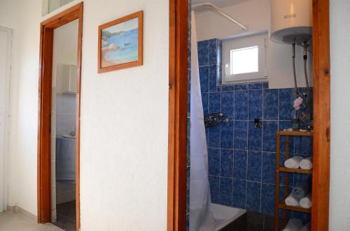 a bathroom with a shower and a blue tiled wall at Holiday House Family Fun in Cesarica