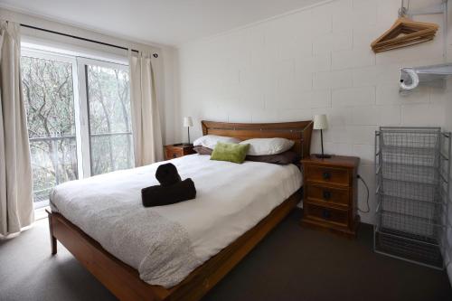 a bedroom with a large bed and a large window at Maisonettes Falls Creek in Falls Creek