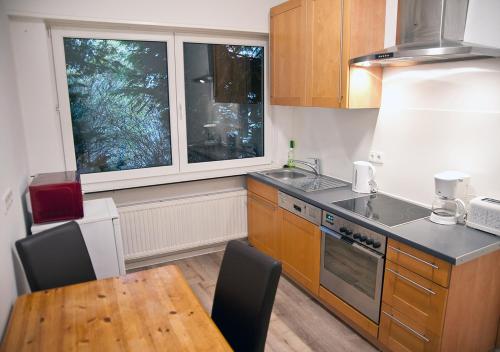 een keuken met een tafel, een wastafel en een raam bij Looks Inn in Heidelberg