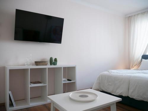 ウィーンにあるSpacious 2Rooms central areaの白い部屋(ベッド1台、テーブル、テレビ付)