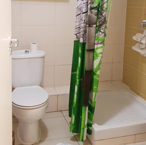 łazienka z toaletą i zasłoną prysznicową w obiekcie T1 tout confort w mieście Saint-Denis