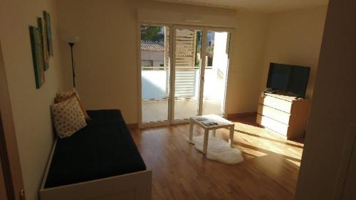 a living room with a couch and a tv at MEDICIS HOME Nice Saint -Laurent- Du -Var in Saint-Laurent-du-Var