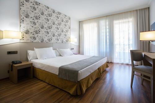 Una habitación de hotel con una cama grande y un escritorio. en Hotel SPA TermaEuropa Balneario Arnedillo, en Arnedillo