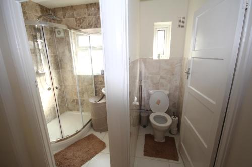 a small bathroom with a toilet and a shower at Deane House in Ruislip