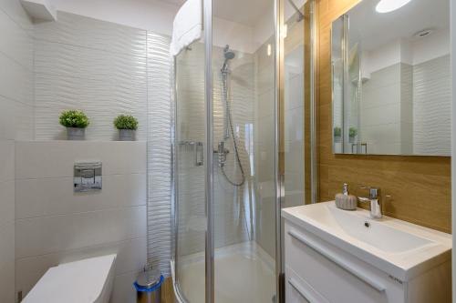 łazienka z prysznicem i umywalką w obiekcie Apartament Widokowy - 5D Apartamenty w Świeradowie Zdroju