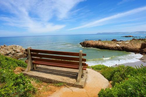 a bench sitting on a path looking at the ocean at Whales & Waves in Hermanus
