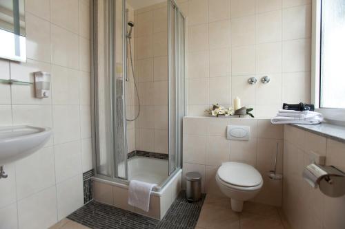 a bathroom with a shower and a toilet and a sink at Hotel Petersburg Superior in Düsseldorf