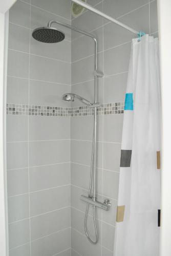 une douche avec un pommeau et un rideau de douche dans l'établissement Coup de coeur assuré pour cette charmante maison à 400 m de la plage, à Saint-Gilles-Croix-de-Vie