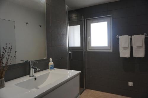 une salle de bain avec un lavabo et une douche avec une fenêtre dans l'établissement Maison Les Costes, à Vernègues