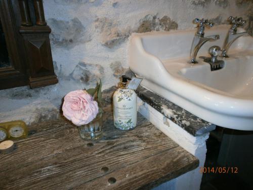 a bathroom sink with a bottle of soap and a pink rose at La Vache Tennis Privé in Crux-la-Ville