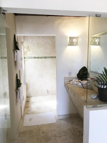 a bathroom with a shower and a sink and a mirror at Cabrera Chalet boutique hotel in Cabrera
