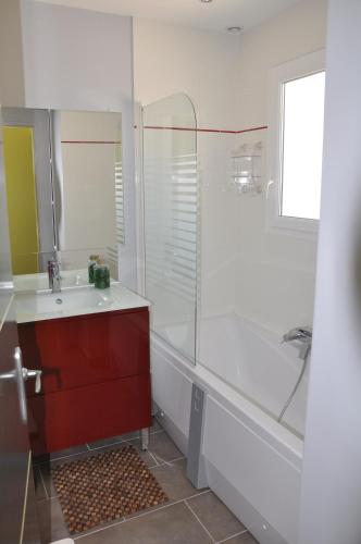 a bathroom with a shower and a sink and a mirror at Martichris in Châteauneuf-de-Gadagne