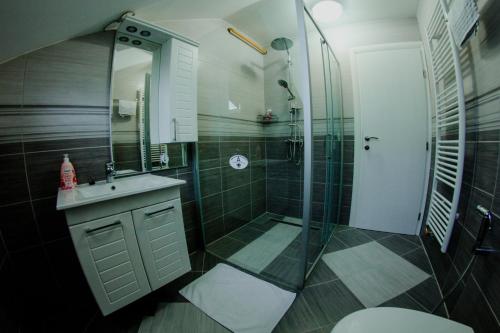 uma casa de banho com um chuveiro, um WC e um lavatório. em Deluxe apartments em Sarajevo