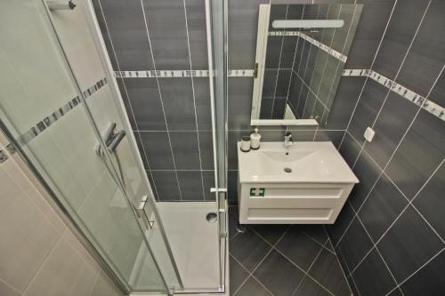 La salle de bains est pourvue d'un lavabo, d'une douche et d'un miroir. dans l'établissement Urban art Lagos, à Lagos
