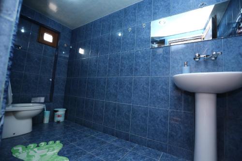 a blue tiled bathroom with a sink and a toilet at FEOLA in Kutaisi