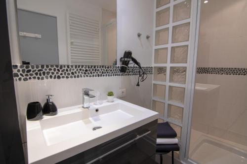 une salle de bain avec un lavabo blanc et une douche dans l'établissement Arles Holiday - La Terrasse, à Arles