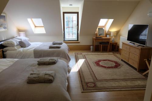 a bedroom with two beds and a flat screen tv at Roslin Self Catering in Roslin