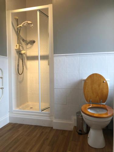 a bathroom with a shower and a toilet with a wooden seat at The Arran Lodge & Arran Sleep Huts in Lamlash