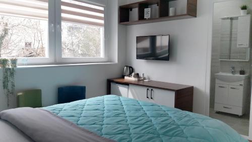 ein Schlafzimmer mit einem Bett, einem Waschbecken und einem Fenster in der Unterkunft The House Apartments & Guest Rooms in Ohrid