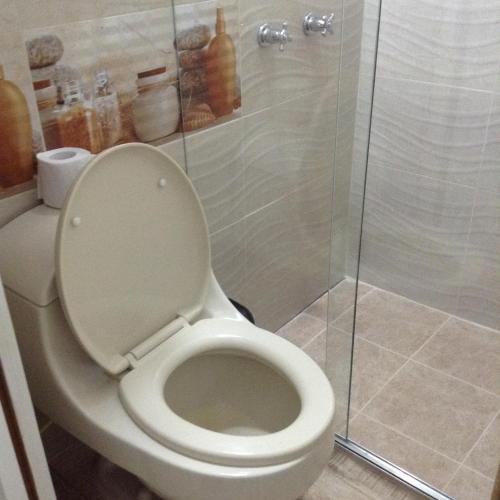 a white toilet in a bathroom with a shower at Finca El Sueño De Mi Abuelo in Pereira