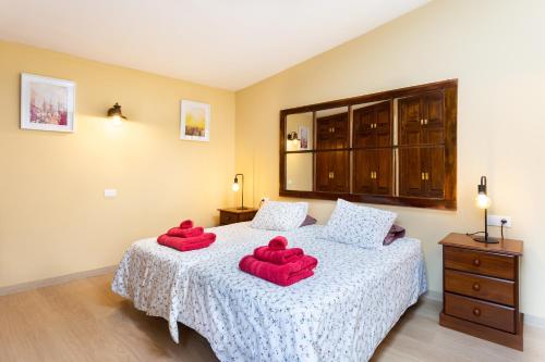 a bedroom with two beds with red pillows on them at Casitas La Brenda y La Gaga in Los Realejos