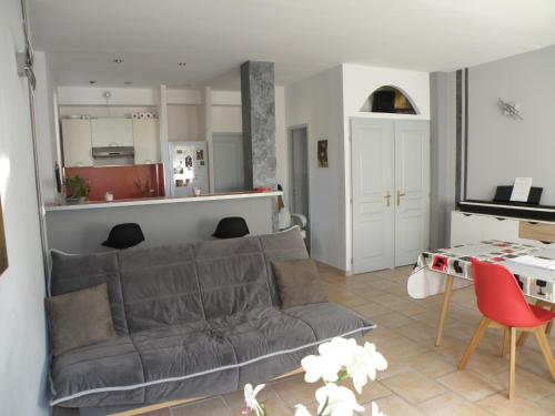 un salon avec un canapé et une table dans l'établissement Appartement proche Centre Ville avec PARKING PRIVE, à Avignon
