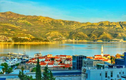 a city on the water with mountains in the background at Apartmani Cupic in Budva