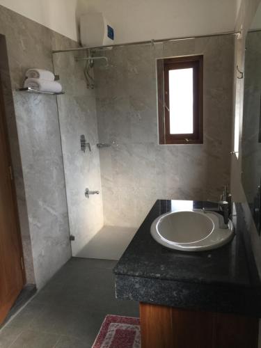 a bathroom with a sink and a shower at Villa Nilmalee in Gampola