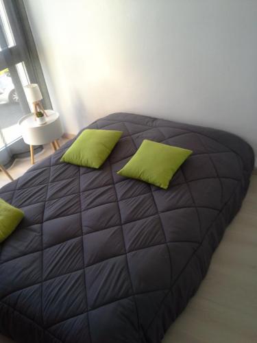 a bedroom with a large bed with green pillows at Résidence Le poisson d'or in Perros-Guirec