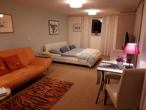 a living room with a couch and a bed at Südalpen Lofts in Bleiburg