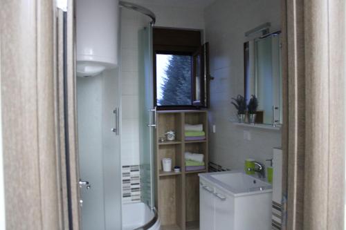 een badkamer met een douche, een toilet en een wastafel bij Apartman Goca in Zlatibor