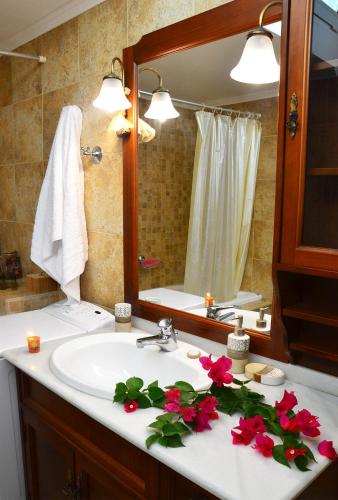 a bathroom with a sink with red flowers on it at Kamara Stone House in Kissamos