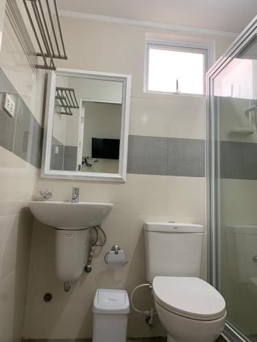 a bathroom with a toilet and a sink and a mirror at Isaguirre's Pension House in Baler