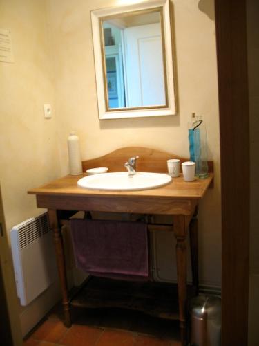 une salle de bain avec un lavabo et un miroir dans l'établissement La Mesnagerie, à Jarzé