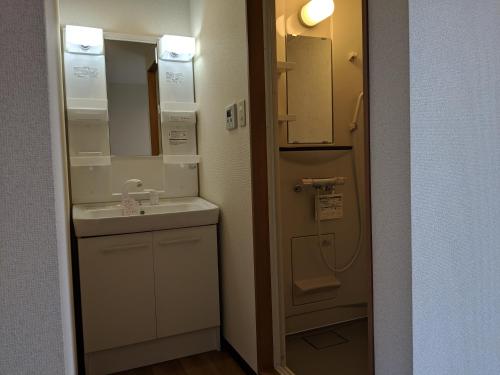 a small bathroom with a sink and a mirror at 街のホテル in Fujiyoshida
