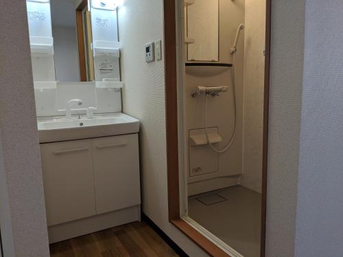 ein kleines Bad mit einem Waschbecken und einer Dusche in der Unterkunft 街のホテル in Fujiyoshida