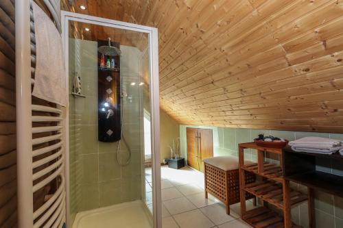 ein Bad mit einer ebenerdigen Dusche und einer Glastür in der Unterkunft Nice room in green Pankow district in Berlin