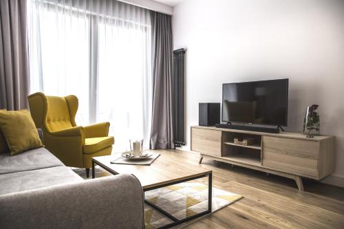 a living room with a couch and a television at MyCherry - Old Town Apartment - Księcia Witolda 27 in Wrocław