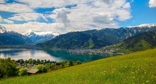 a green hillside with a town and a body of water at Apartment 5 Peaks in Zell am See