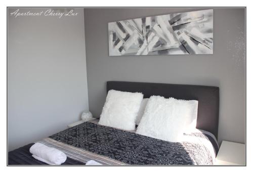 a bedroom with a bed with two pillows and a picture at Apartment Cherry Lux in Zrenjanin