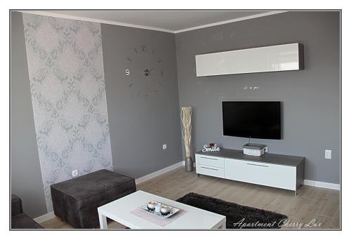 a living room with a flat screen tv on a wall at Apartment Cherry Lux in Zrenjanin