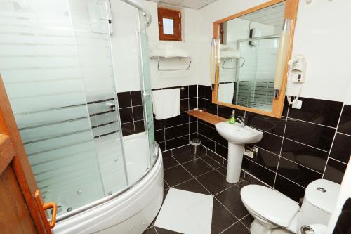 ディヤルバクルにあるDiyarbakır otelのシャワー、トイレ、洗面台を備えたバスルーム