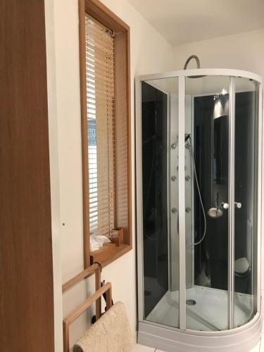 Port-sur-SaôneにあるLa petite maison de Marieの窓付きのバスルーム(大きなガラス張りのシャワー付)