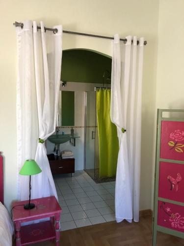 a bathroom with a shower and a sink and a mirror at Domaine de Flo ADULT a partir de 16 ans in Saint-Jean-de-la-Blaquière