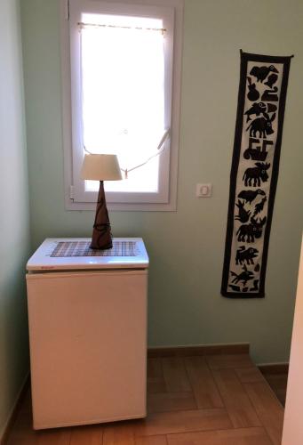a lamp on top of a refrigerator in a room with a window at Domaine de Flo ADULT a partir de 16 ans in Saint-Jean-de-la-Blaquière