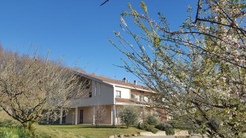 una casa blanca con árboles delante de ella en LE SETTE VIE HOLIDAY HOMES, en Monforte dʼAlba